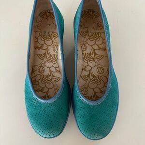 Fly London turquoise suede wedge heels.